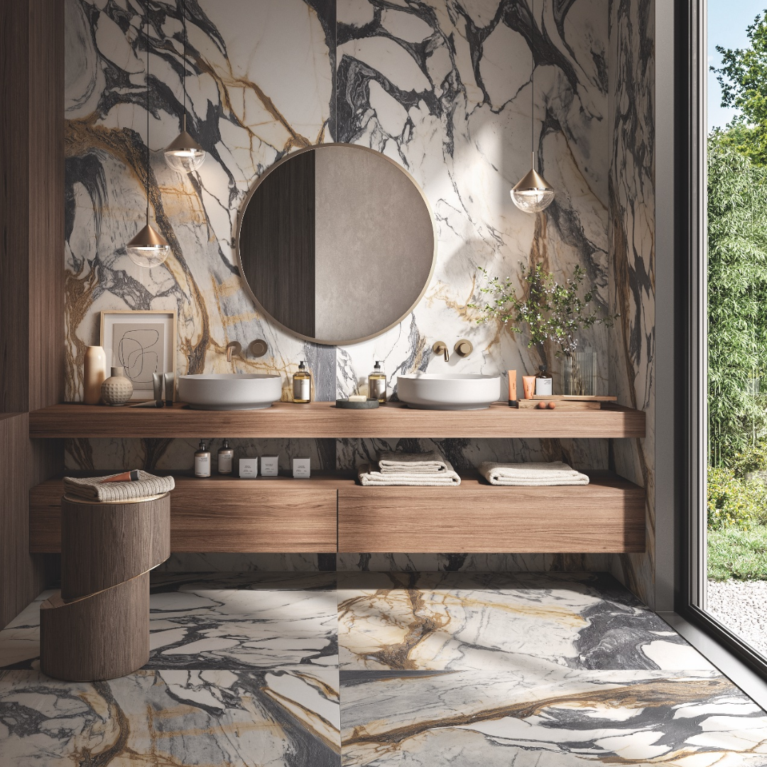 Gallerie Calacatta Picasso Leathered Marble Effect Porcelain Wall and Floor Tile