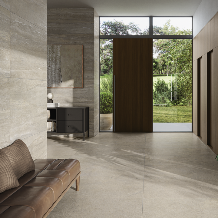 Ora Stone Greige Polished Stone Effect Porcelain Wall and Floor Tile
